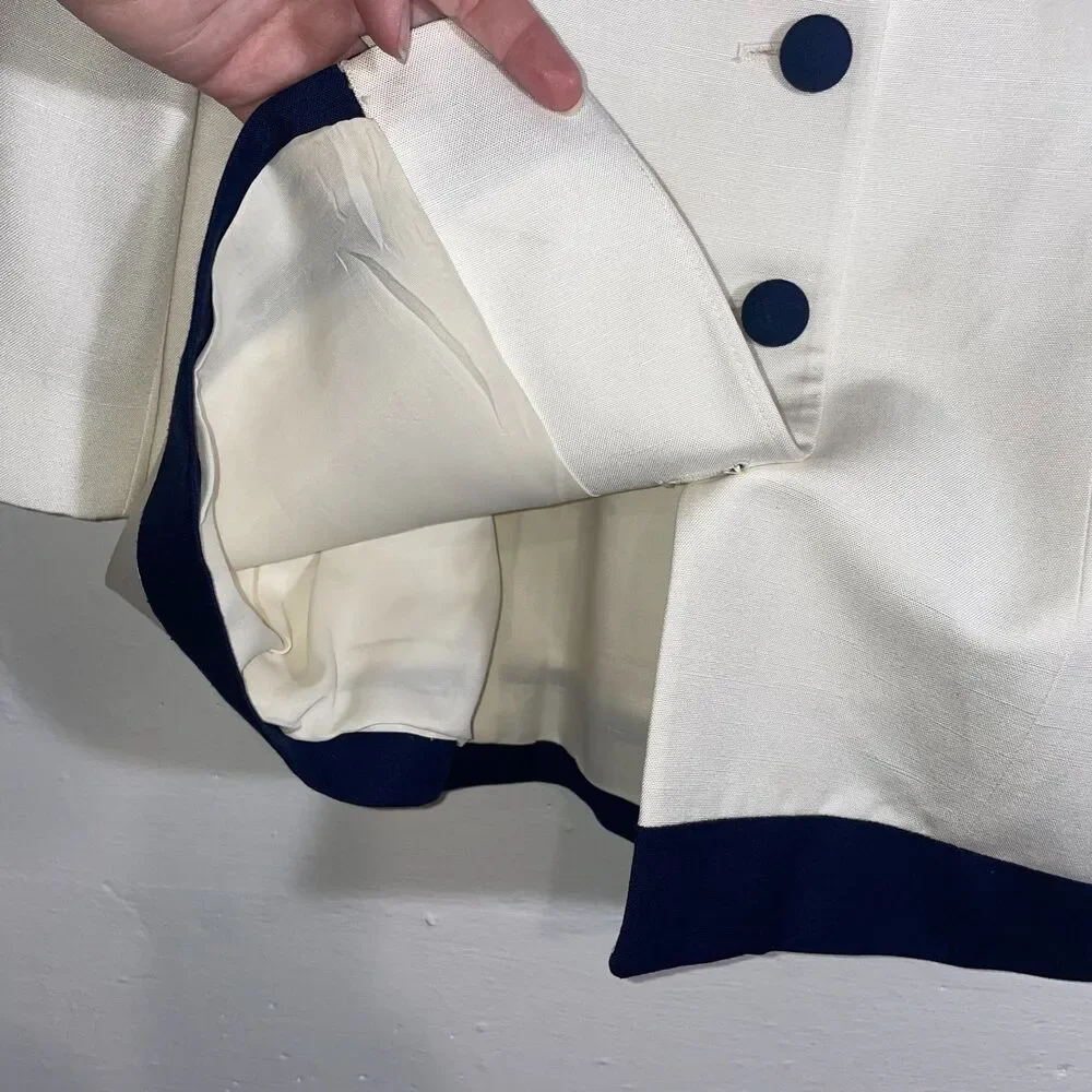 Vintage Christian Dior Blazer Cream Navy Button Minimalist 90s Jacket Size 10